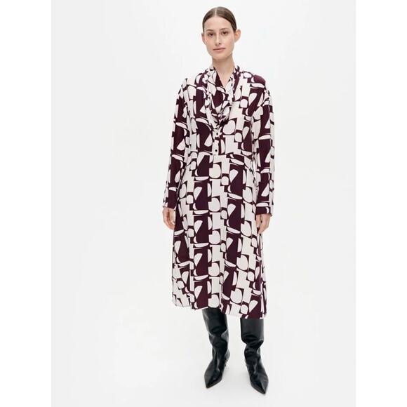 Marimekko Dress 38 Malla Konkelo Midi Abstract Brown White - Picture 1 of 9